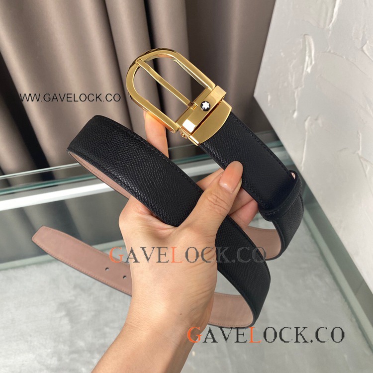 Fake Montblanc Horseshoe Black Belt Gold Buckle for Men